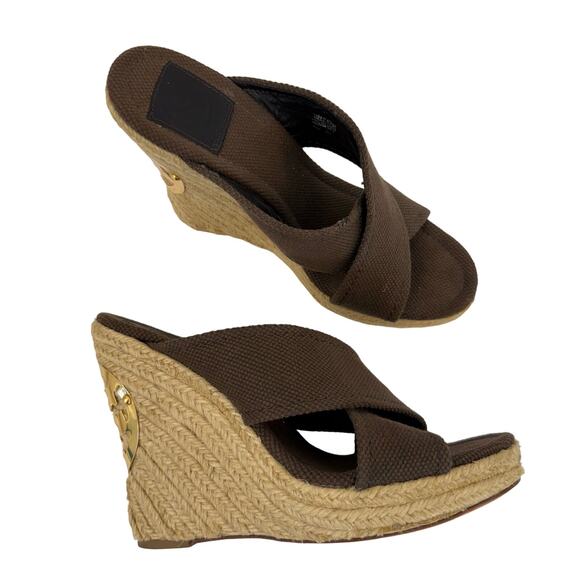 Tory Burch Kristen Canvas Platform Wedge Espadrilles Heels Gold Logo Brown 9M - Picture 1 of 13